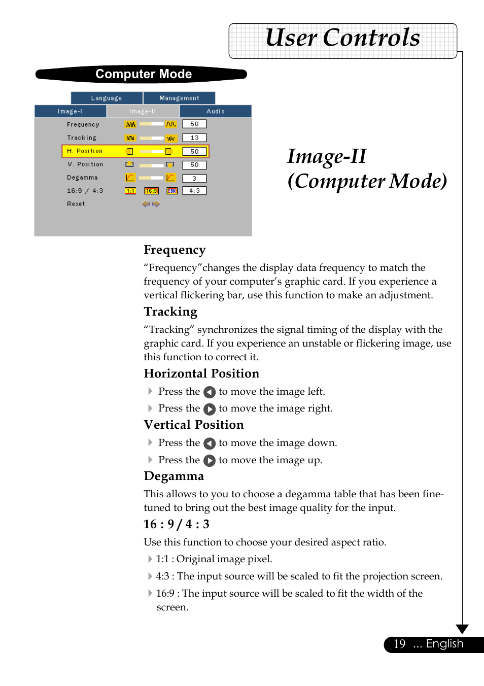 User controls, Image-ii (computer mode), Frequency | Tracking, Horizontal position, Vertical position, Degamma, Computer mode | Optoma Digital Tuner Output Projector User Manual | Page 19 / 31