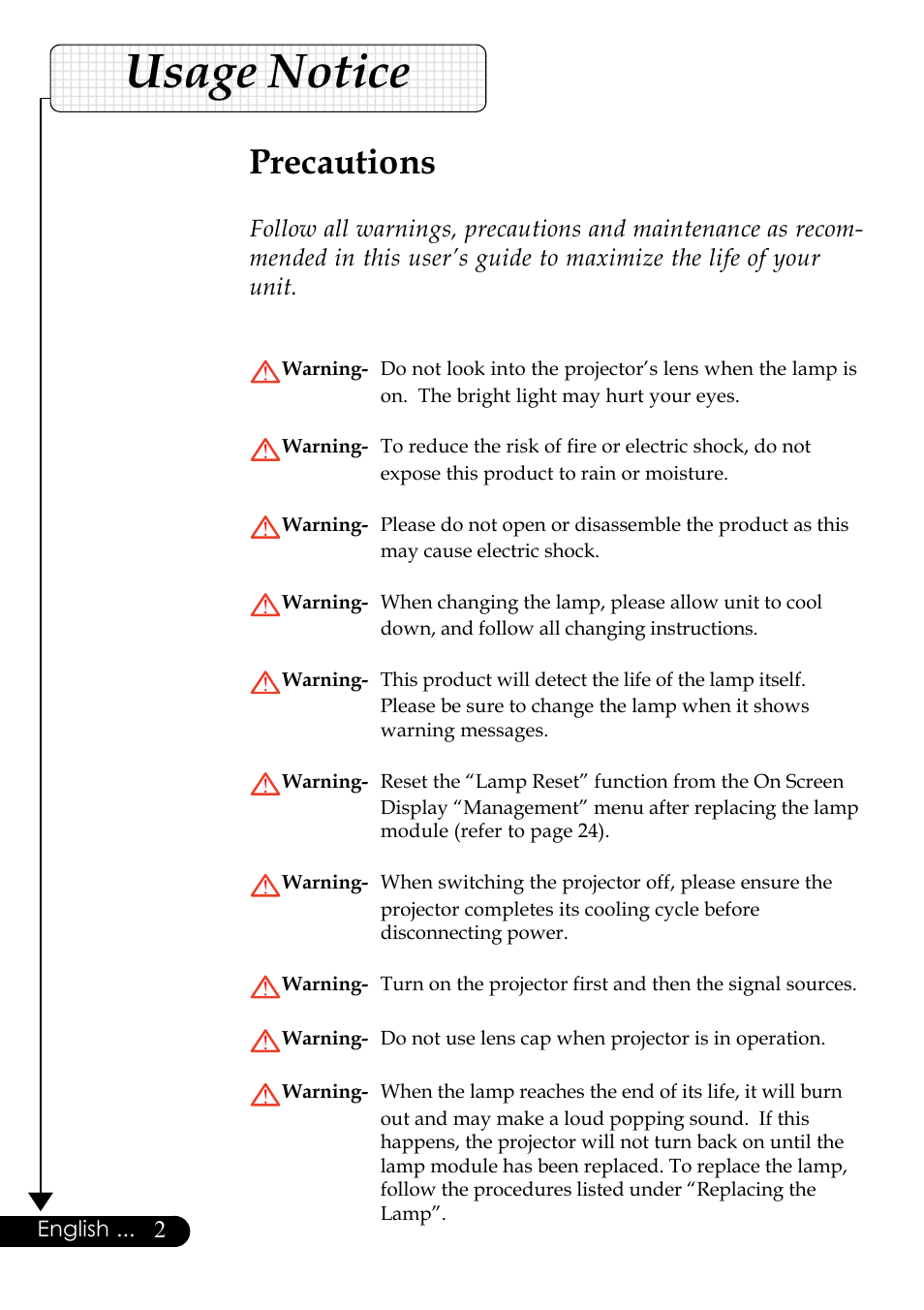 Usage notice, Precautions, English | Optoma Digital Tuner Output Projector User Manual | Page 2 / 31