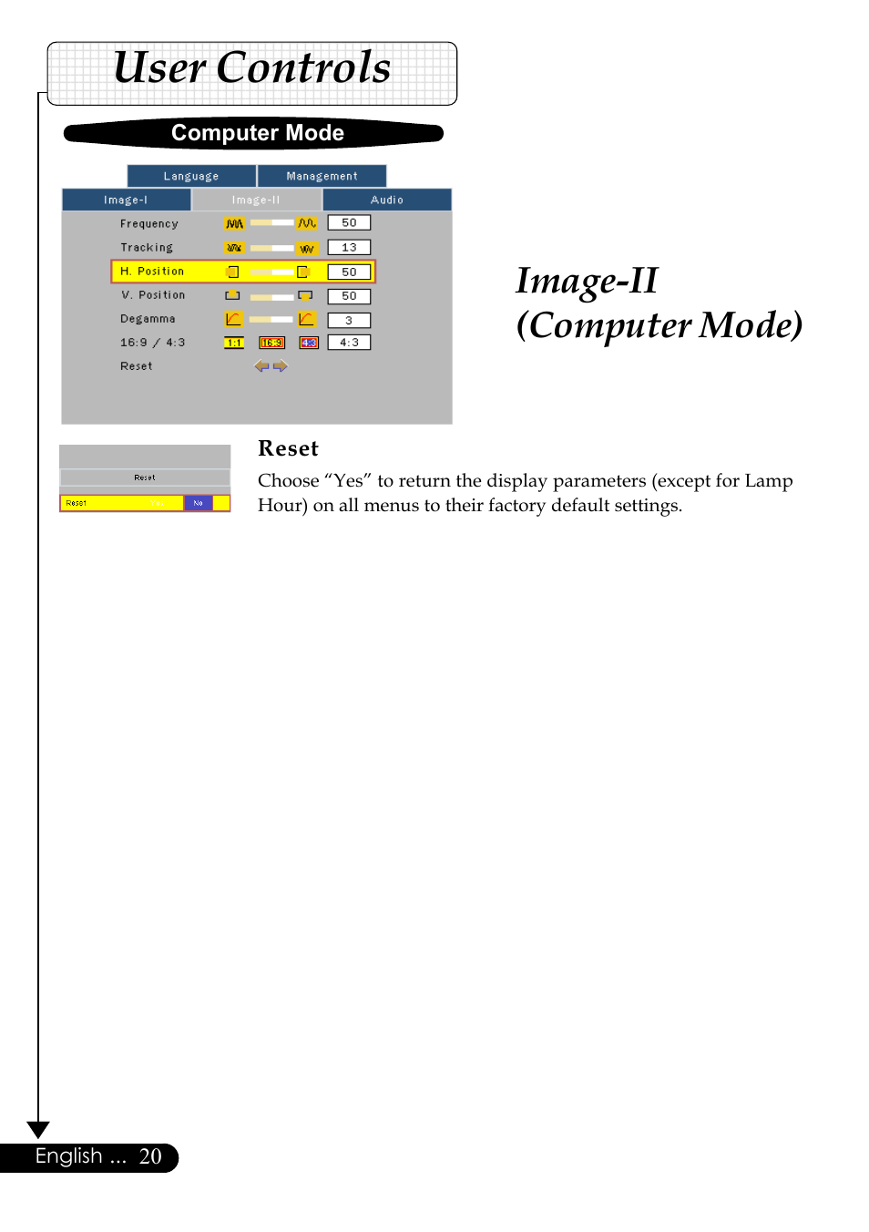 User controls, Image-ii (computer mode), Reset | Computer mode, English | Optoma Digital Tuner Output Projector User Manual | Page 20 / 31