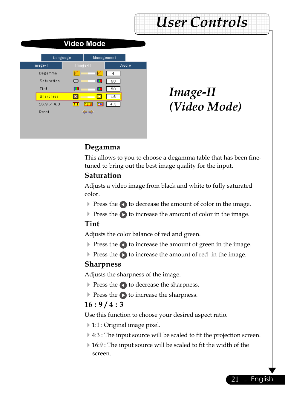 User controls, Image-ii (video mode), Video mode degamma | Saturation, Tint, Sharpness | Optoma Digital Tuner Output Projector User Manual | Page 21 / 31