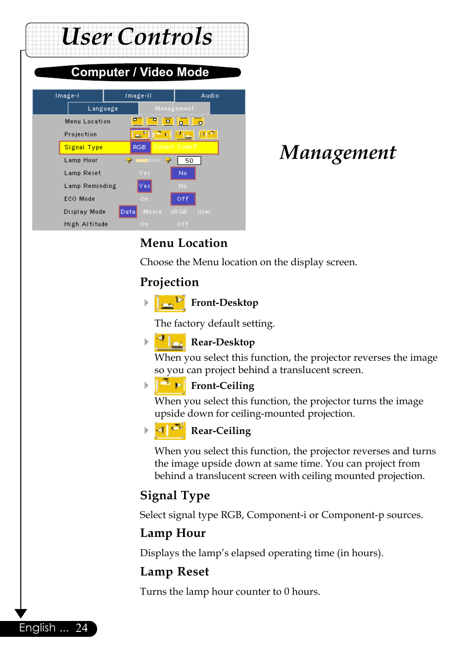 User controls, Management, Menu location | Projection, Signal type, Lamp hour, Lamp reset, Computer / video mode, English | Optoma Digital Tuner Output Projector User Manual | Page 24 / 31