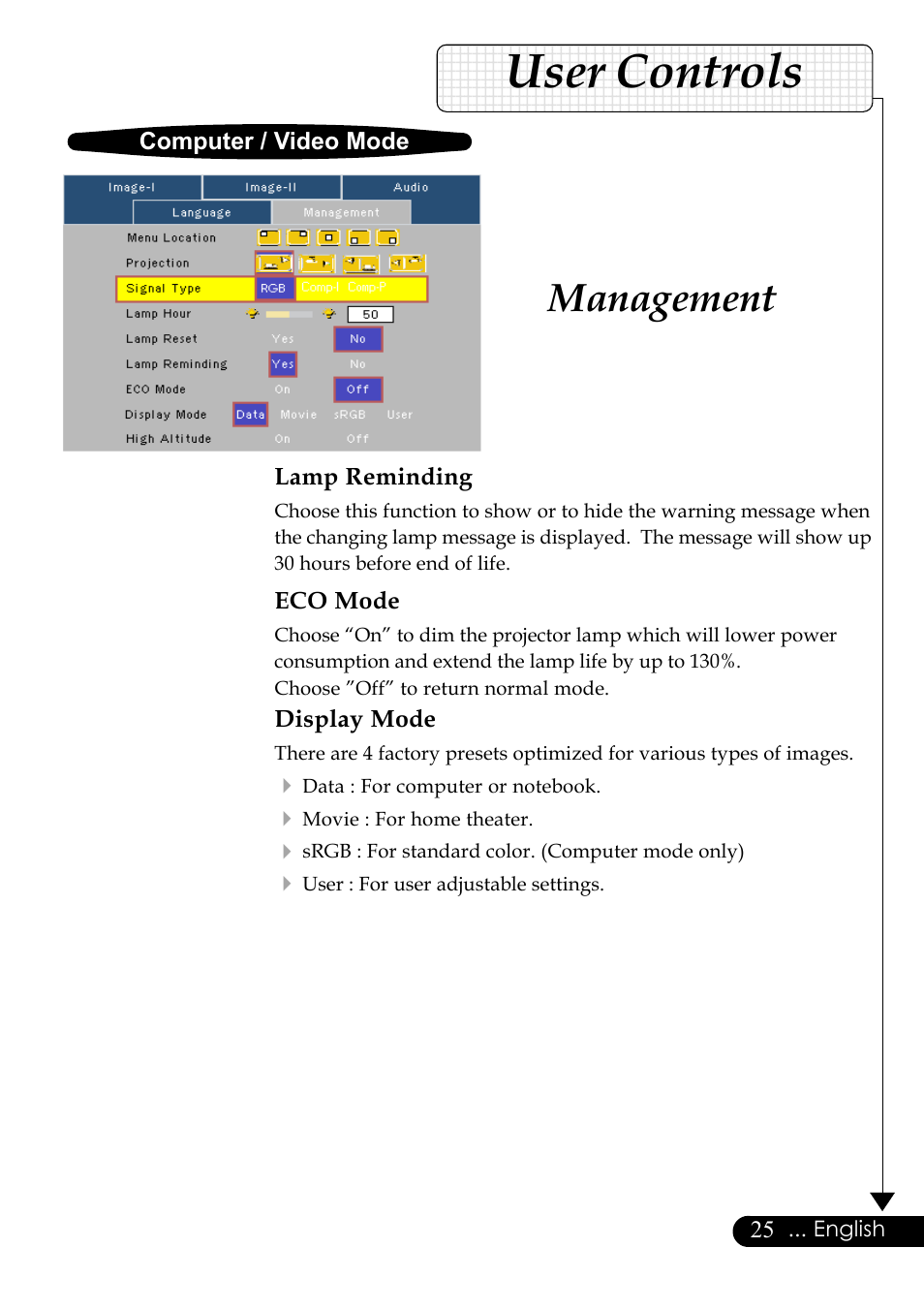 User controls, Management, Computer / video mode lamp reminding | Eco mode, Display mode, English | Optoma Digital Tuner Output Projector User Manual | Page 25 / 31
