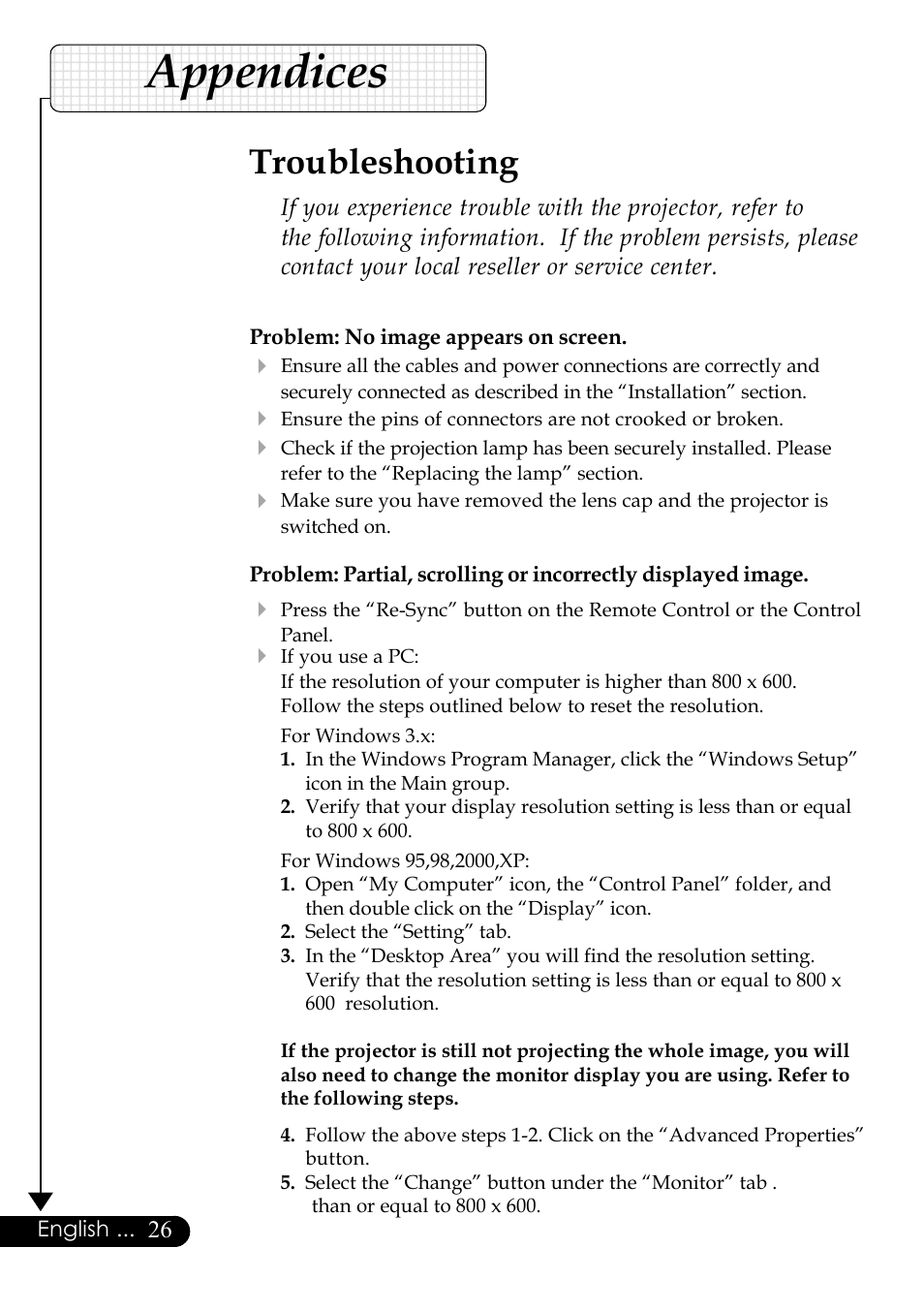Appendices, Troubleshooting, English | Problem: no image appears on screen | Optoma Digital Tuner Output Projector User Manual | Page 26 / 31
