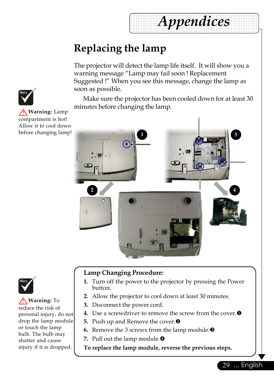 Appendices, Replacing the lamp, English | Lamp changing procedure | Optoma Digital Tuner Output Projector User Manual | Page 29 / 31