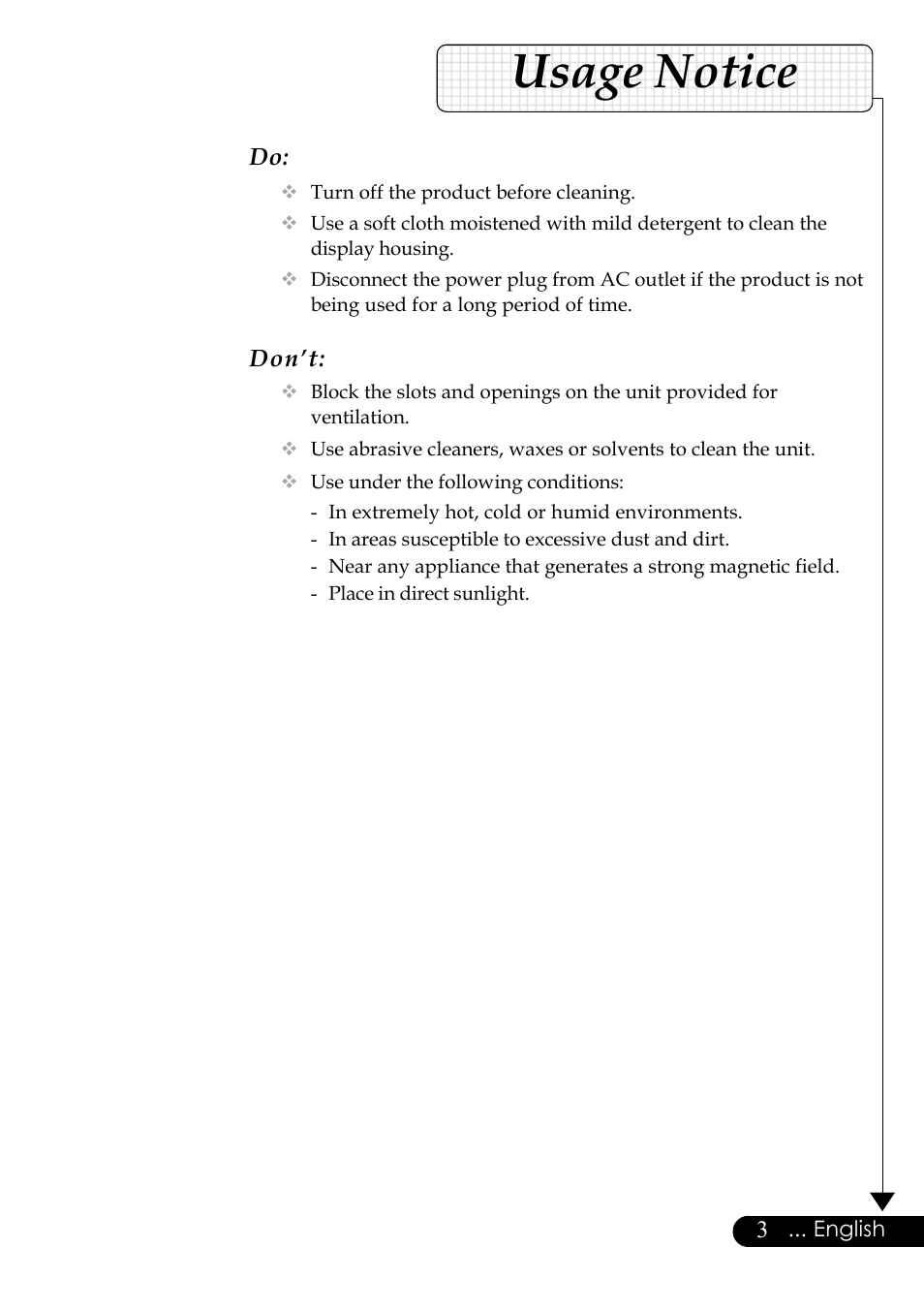 Usage notice, Don’t, English | Optoma Digital Tuner Output Projector User Manual | Page 3 / 31