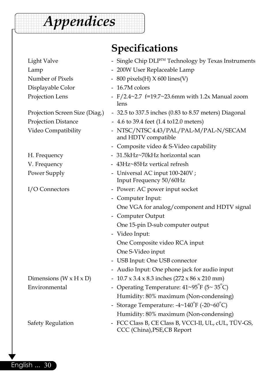 Appendices, Specifications, English | Optoma Digital Tuner Output Projector User Manual | Page 30 / 31