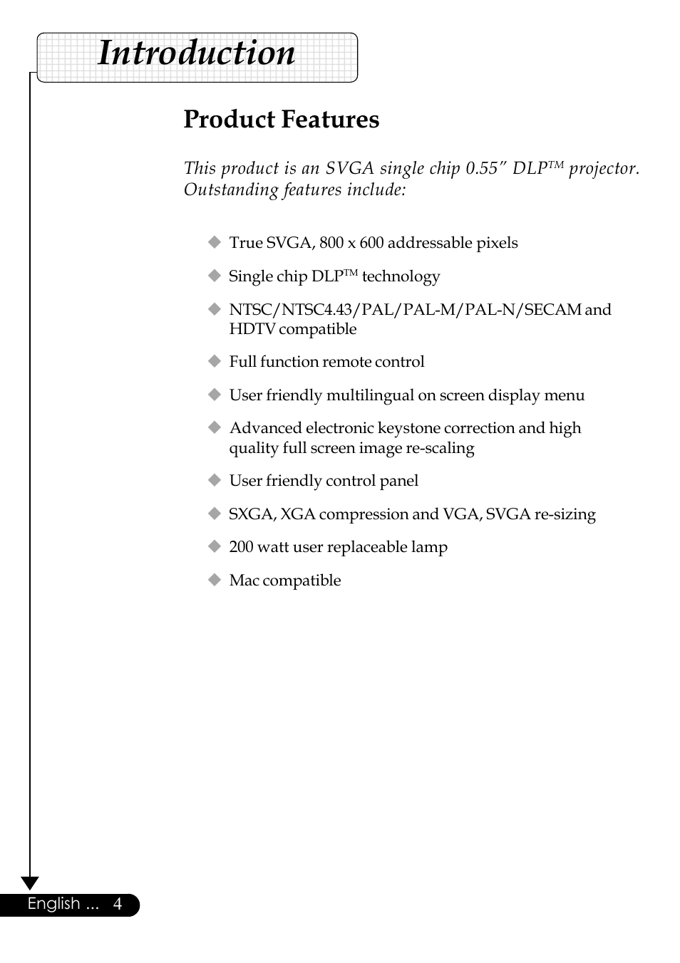Introduction, Product features, This product is an svga single chip 0.55” dlp | Projector. outstanding features include, English | Optoma Digital Tuner Output Projector User Manual | Page 4 / 31