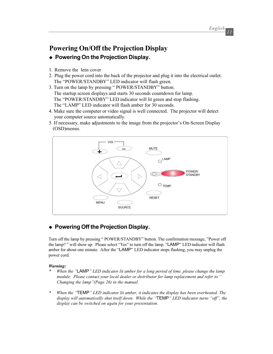 Powering on/off the projection display | Optoma Optoma EP615H User Manual | Page 11 / 29