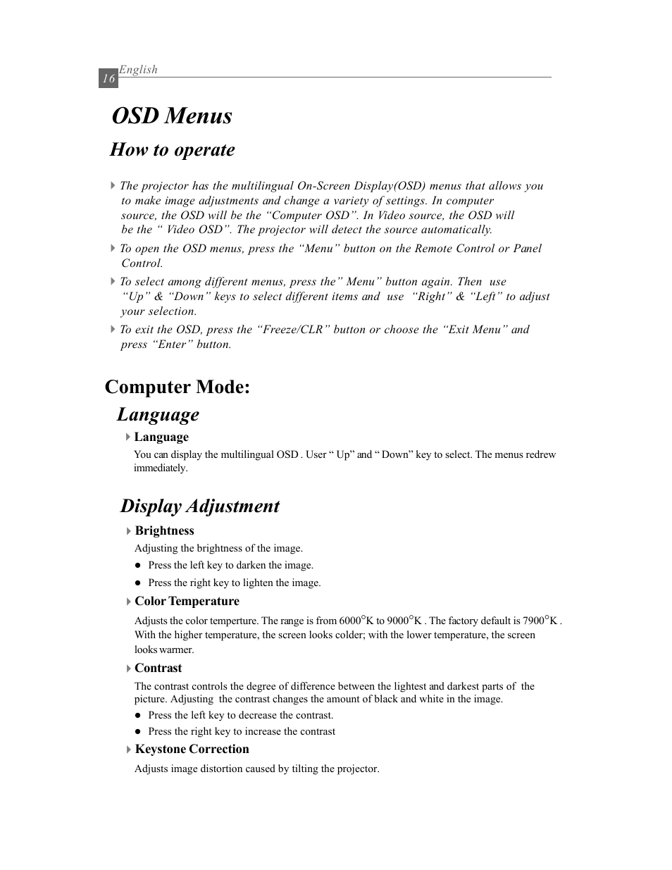 Osd menus, How to operate language, Display adjustment computer mode | Optoma Optoma EP615H User Manual | Page 16 / 29