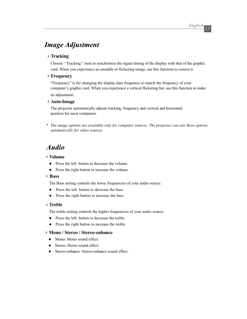 Image adjustment, Audio | Optoma Optoma EP615H User Manual | Page 17 / 29