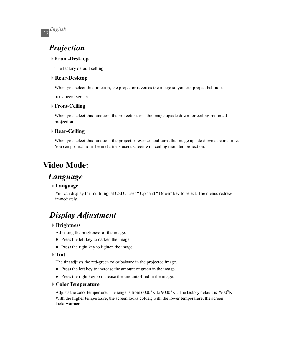 Projection, Language, Display adjustment video mode | Optoma Optoma EP615H User Manual | Page 18 / 29