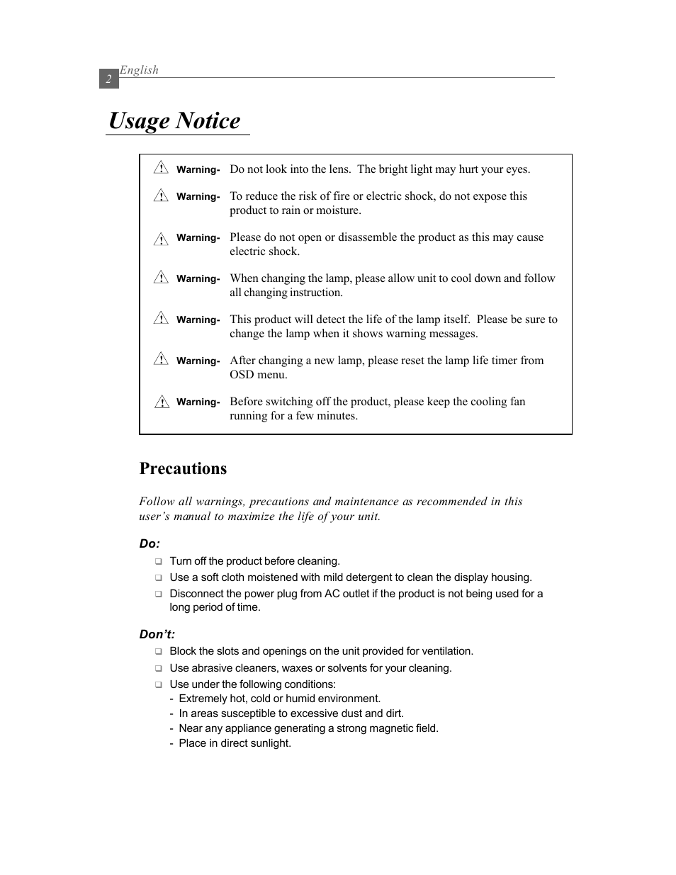 Usage notice, Precautions | Optoma Optoma EP615H User Manual | Page 2 / 29