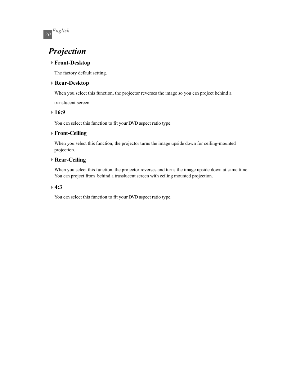 Projection | Optoma Optoma EP615H User Manual | Page 20 / 29