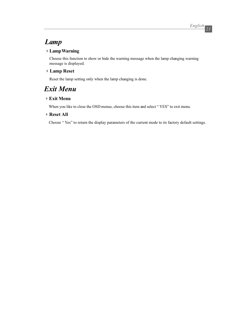Lamp exit menu | Optoma Optoma EP615H User Manual | Page 21 / 29