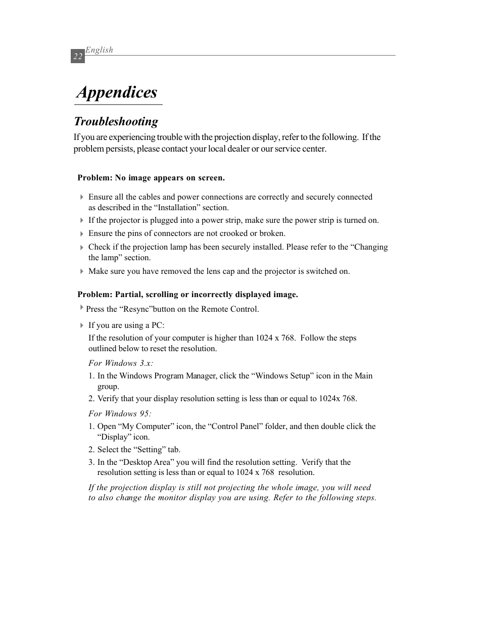 Appendices, Troubleshooting | Optoma Optoma EP615H User Manual | Page 22 / 29