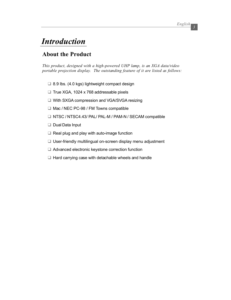 Introduction, About the product | Optoma Optoma EP615H User Manual | Page 3 / 29