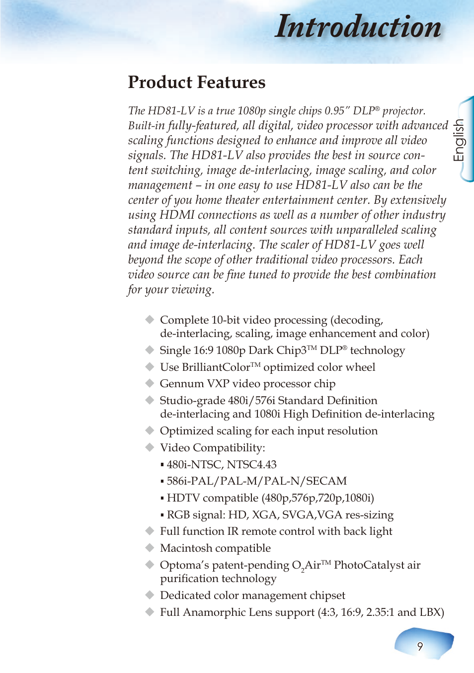 Introduction, Product features, English | Optoma Home Theatre Projector User Manual | Page 11 / 68