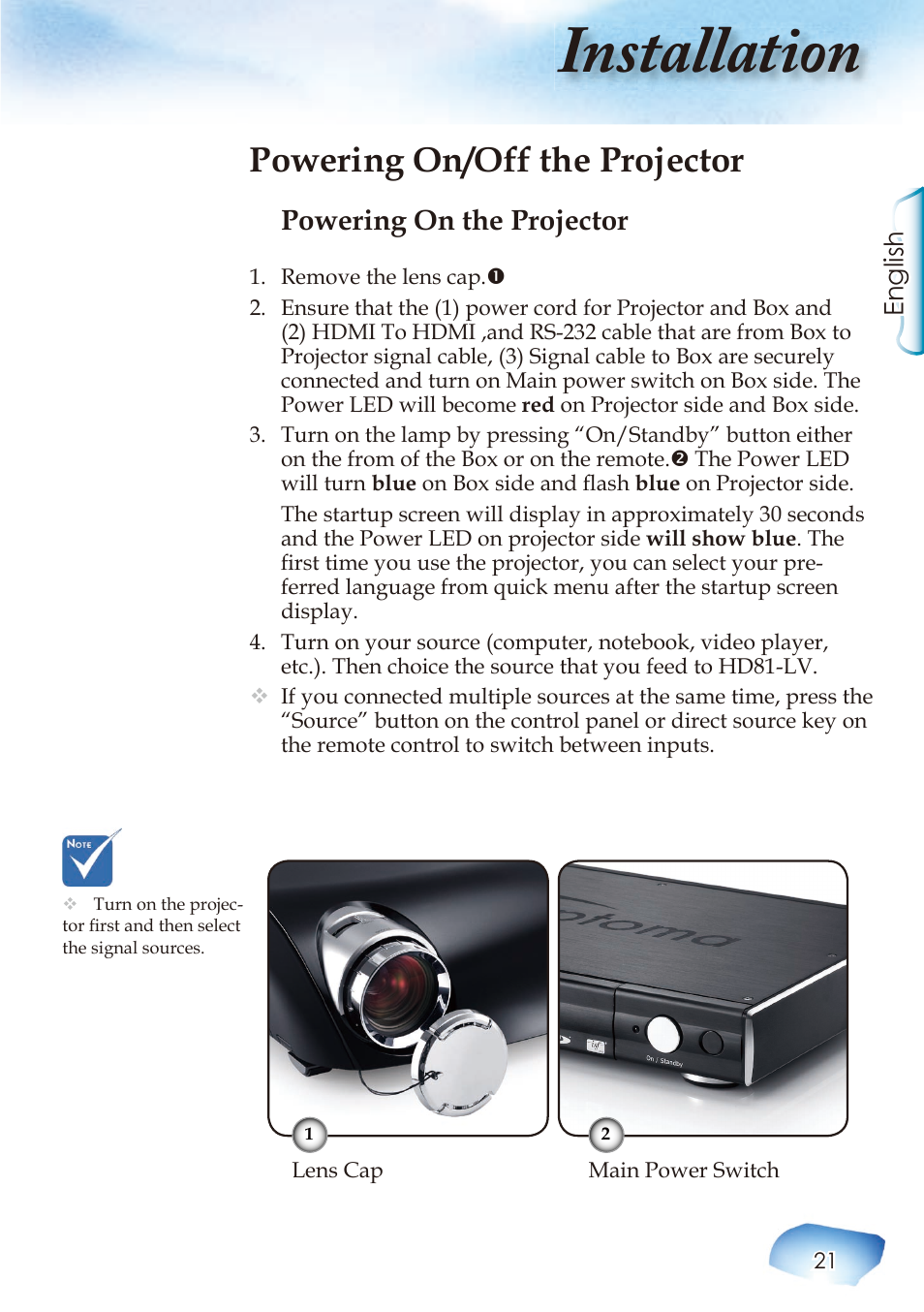 Installation, Powering on/off the projector, Powering on the projector | English | Optoma Home Theatre Projector User Manual | Page 23 / 68