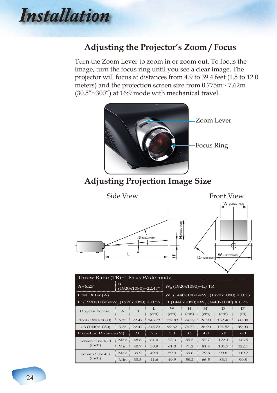 Installation, Adjusting the projector’s zoom / focus, Adjusting projection image size | Side view front view, Focus ring zoom lever | Optoma Home Theatre Projector User Manual | Page 26 / 68