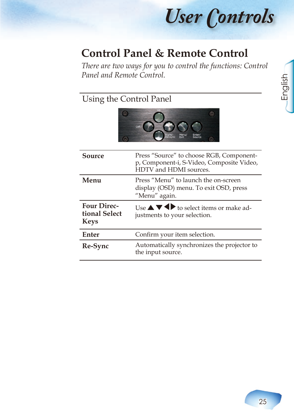 User controls, Control panel & remote control | Optoma Home Theatre Projector User Manual | Page 27 / 68