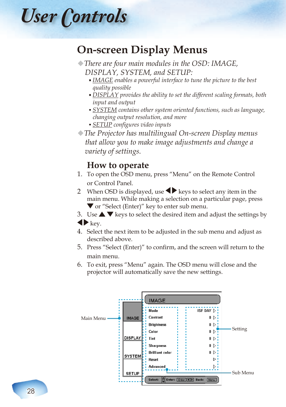 User controls, On-screen display menus, How to operate | Optoma Home Theatre Projector User Manual | Page 30 / 68