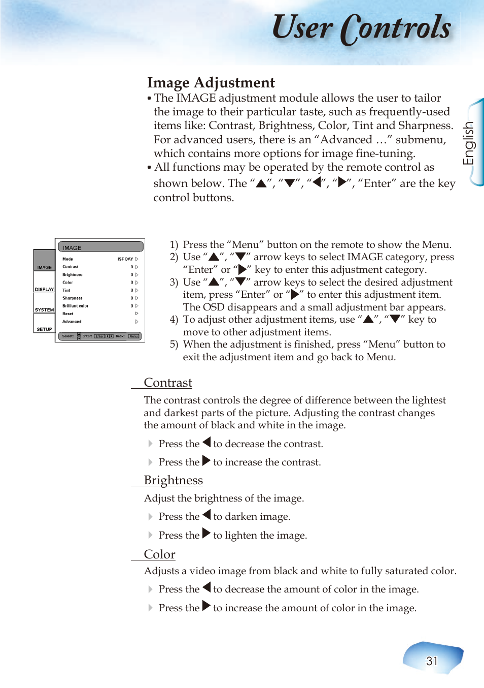 User controls, Image adjustment, English | Optoma Home Theatre Projector User Manual | Page 33 / 68