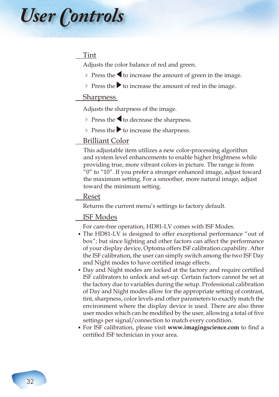 User controls | Optoma Home Theatre Projector User Manual | Page 34 / 68