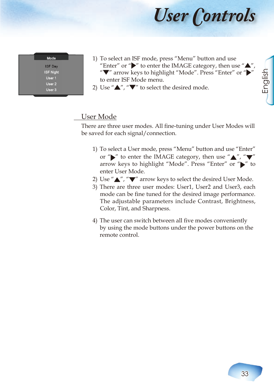 User controls, English | Optoma Home Theatre Projector User Manual | Page 35 / 68