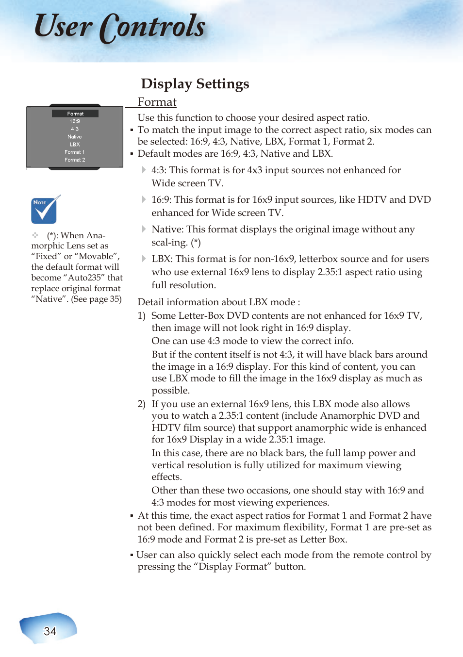 User controls, Display settings | Optoma Home Theatre Projector User Manual | Page 36 / 68
