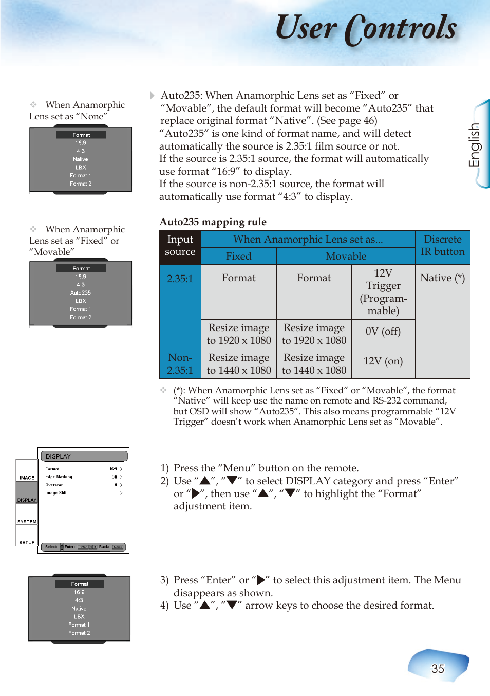 User controls, English | Optoma Home Theatre Projector User Manual | Page 37 / 68