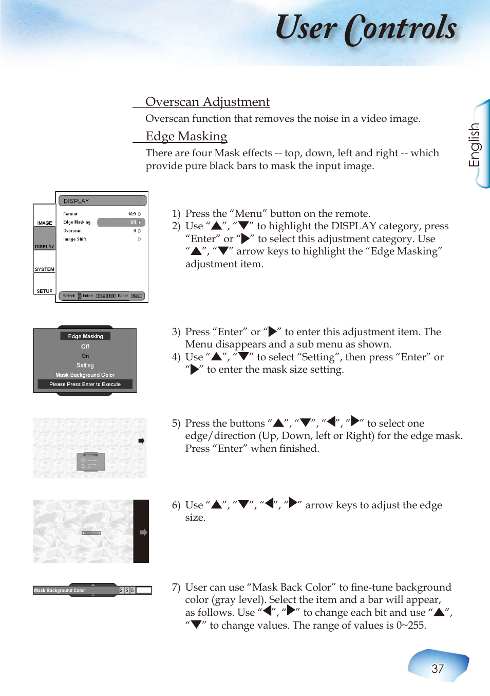 User controls, English | Optoma Home Theatre Projector User Manual | Page 39 / 68