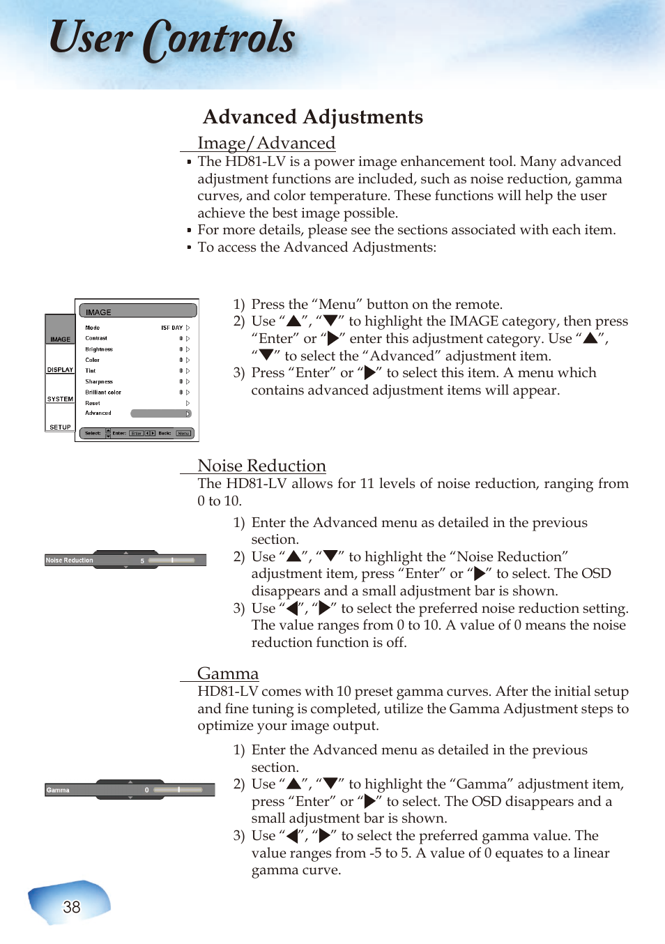 User controls, Advanced adjustments | Optoma Home Theatre Projector User Manual | Page 40 / 68