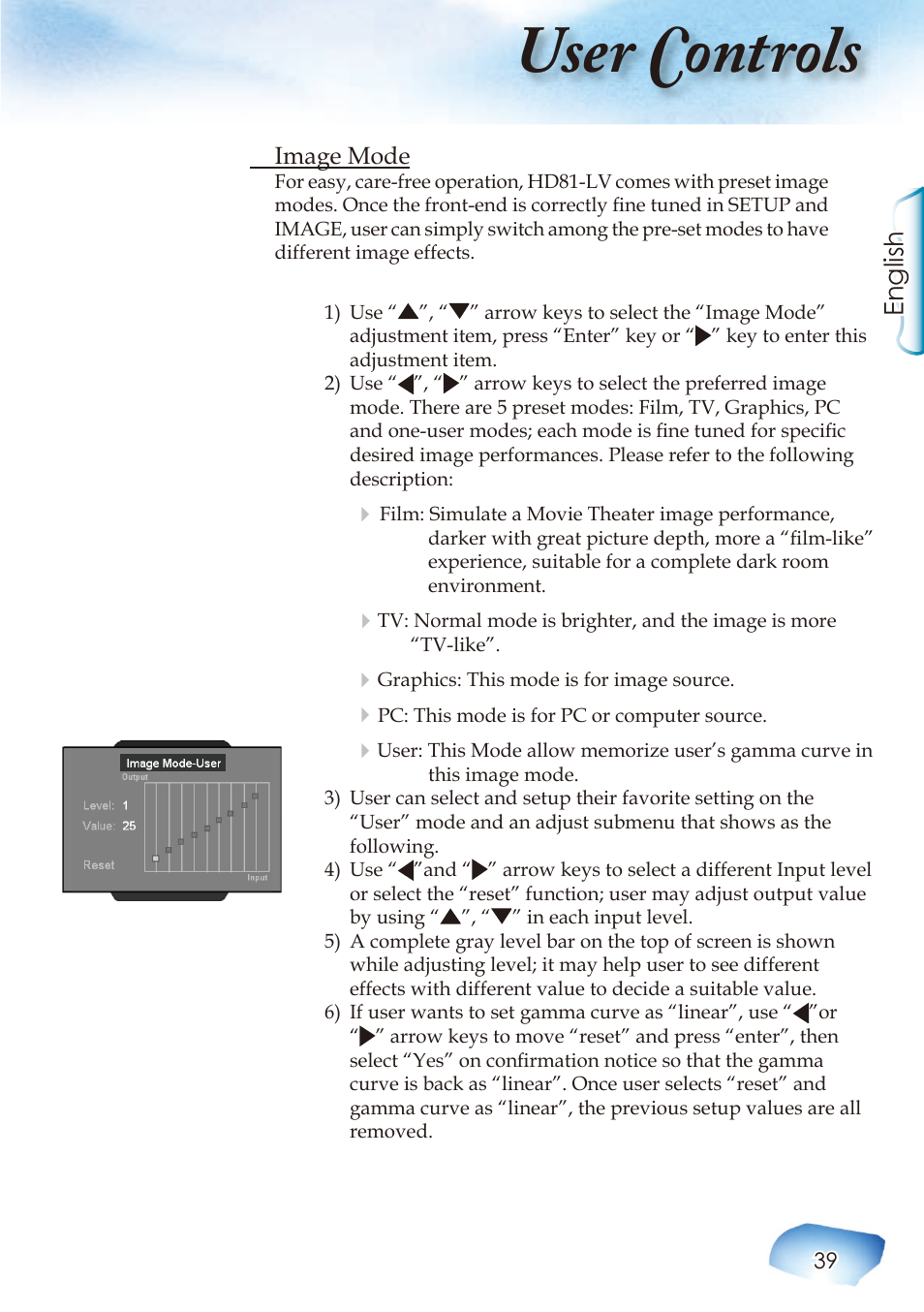 User controls, English | Optoma Home Theatre Projector User Manual | Page 41 / 68