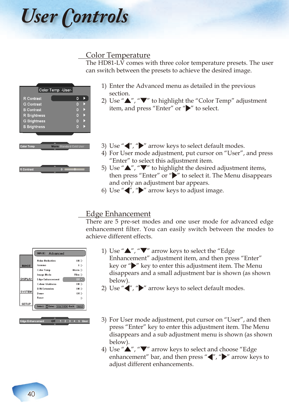 User controls | Optoma Home Theatre Projector User Manual | Page 42 / 68