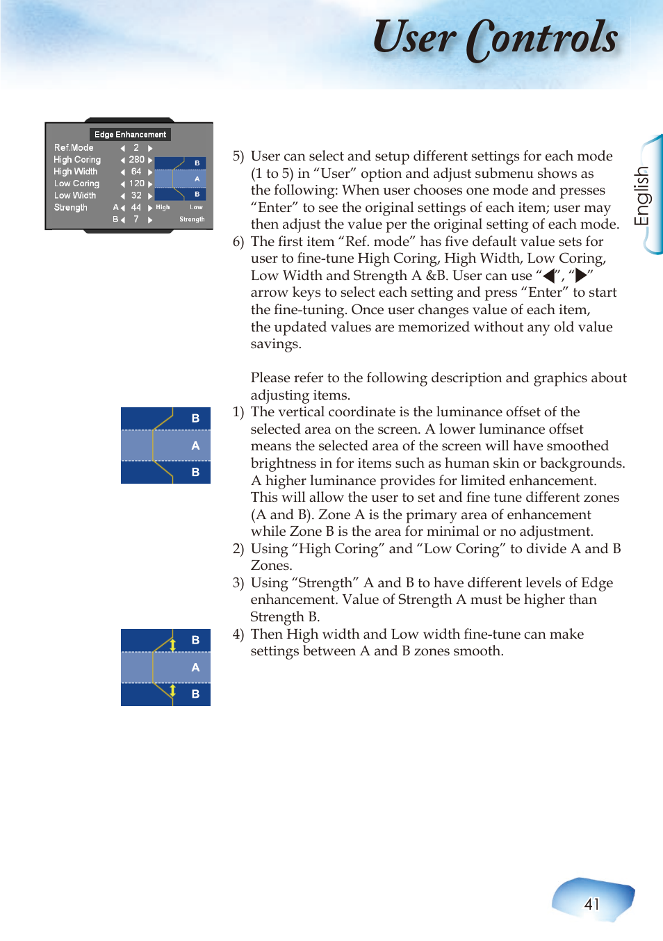 User controls, English | Optoma Home Theatre Projector User Manual | Page 43 / 68