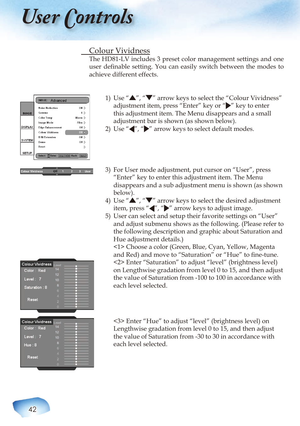 User controls | Optoma Home Theatre Projector User Manual | Page 44 / 68