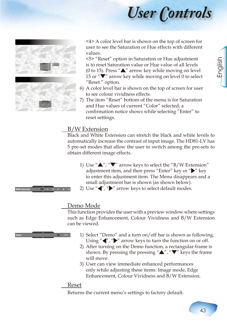 User controls, English | Optoma Home Theatre Projector User Manual | Page 45 / 68