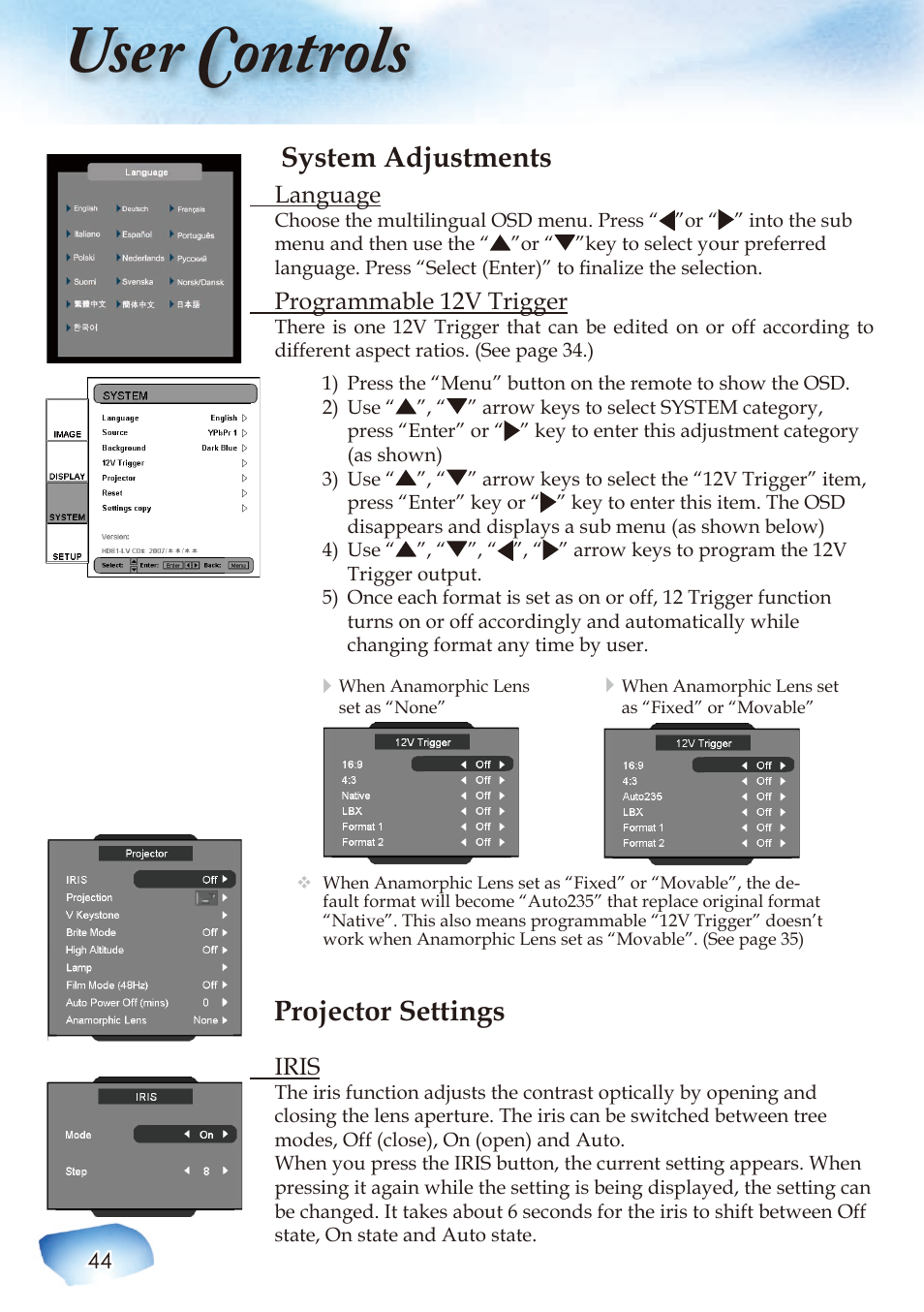 User controls, System adjustments, Projector settings | Optoma Home Theatre Projector User Manual | Page 46 / 68