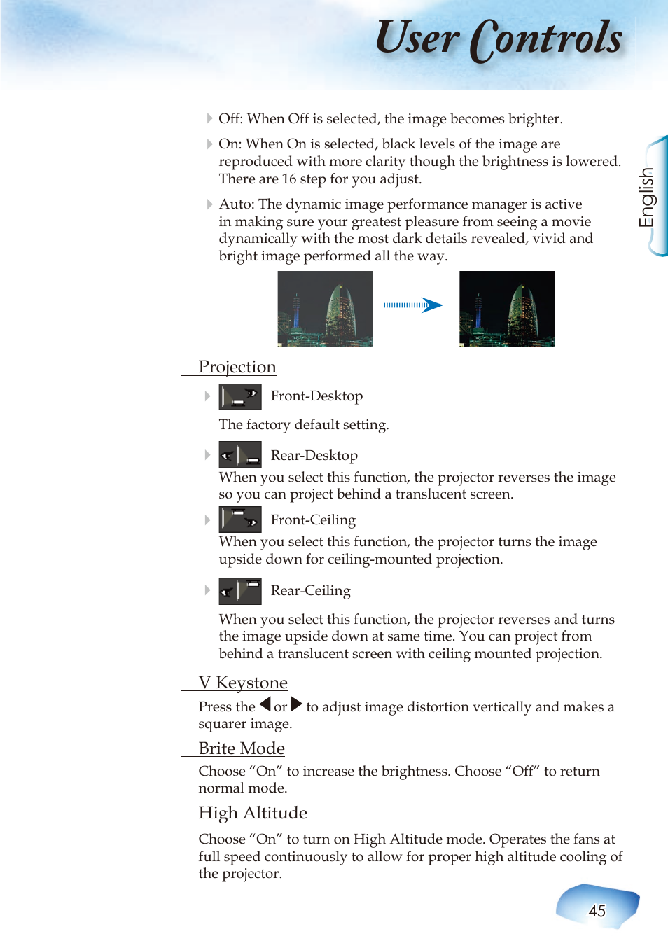 User controls, English | Optoma Home Theatre Projector User Manual | Page 47 / 68