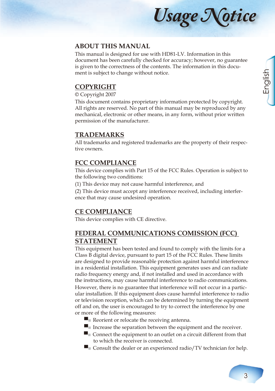 Usage notice, English | Optoma Home Theatre Projector User Manual | Page 5 / 68