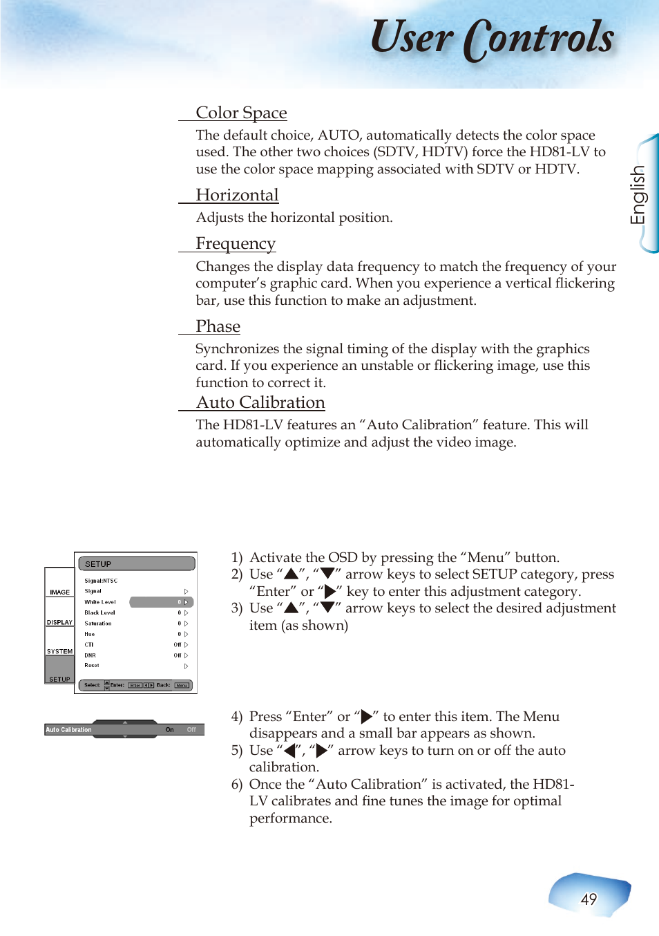 User controls, English | Optoma Home Theatre Projector User Manual | Page 51 / 68
