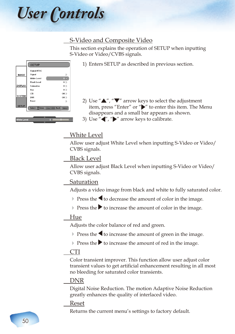 User controls | Optoma Home Theatre Projector User Manual | Page 52 / 68