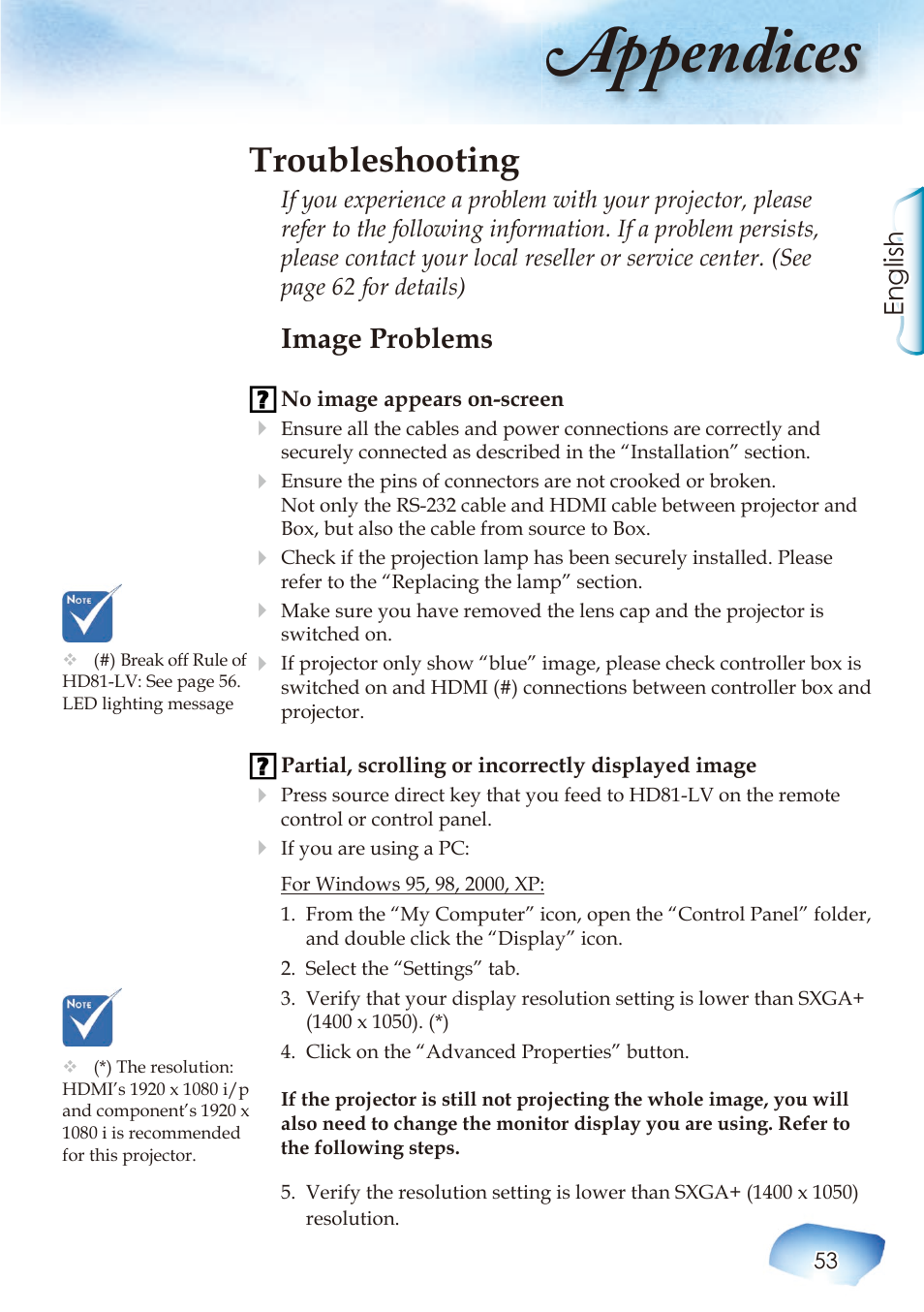 Appendices, Troubleshooting, Image problems | English | Optoma Home Theatre Projector User Manual | Page 55 / 68