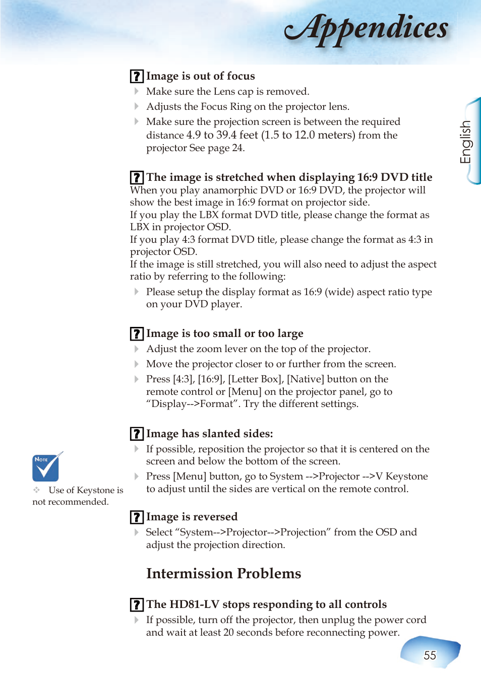Appendices, Intermission problems, English | Optoma Home Theatre Projector User Manual | Page 57 / 68