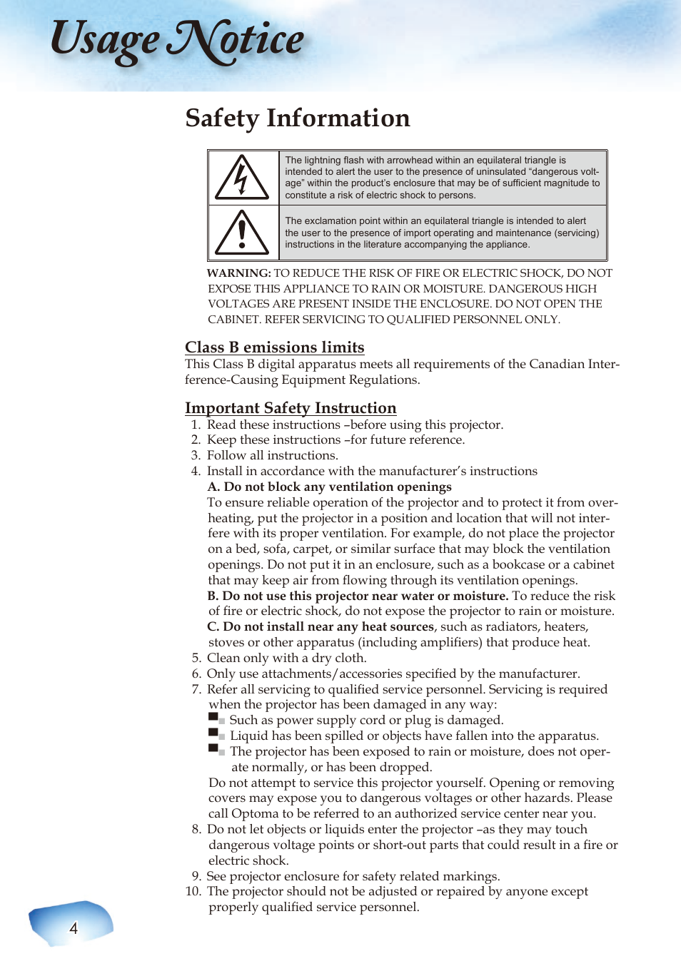 Usage notice, Safety information | Optoma Home Theatre Projector User Manual | Page 6 / 68