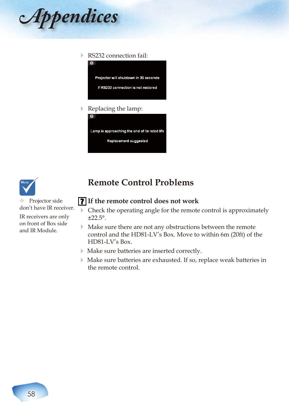 Appendices, Remote control problems | Optoma Home Theatre Projector User Manual | Page 60 / 68