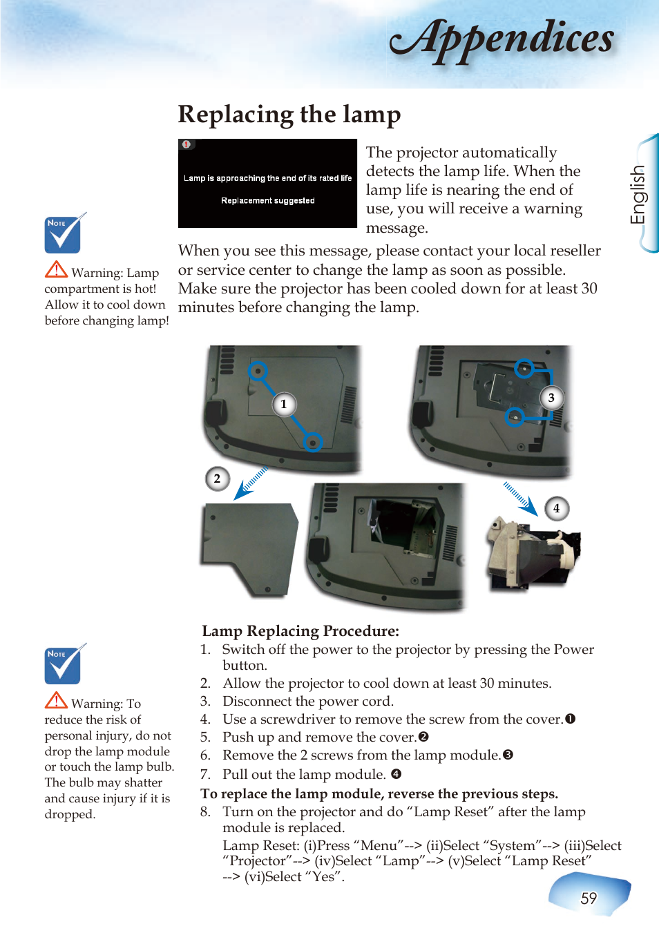 Appendices, Replacing the lamp, English | Optoma Home Theatre Projector User Manual | Page 61 / 68