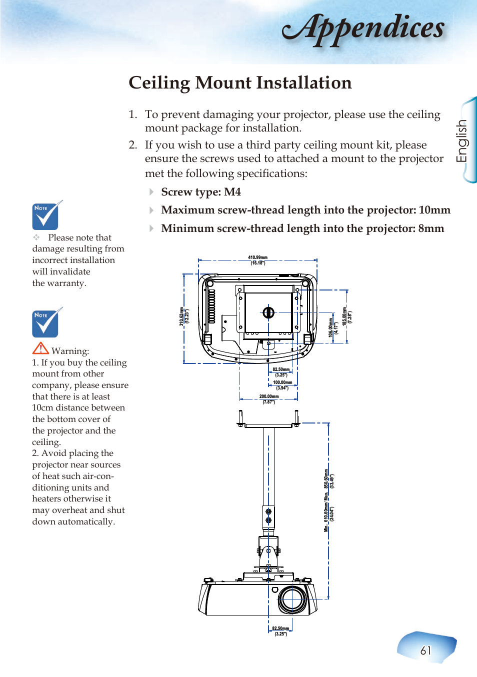 Appendices, Ceiling mount installation, English | Screw type: m4 | Optoma Home Theatre Projector User Manual | Page 63 / 68