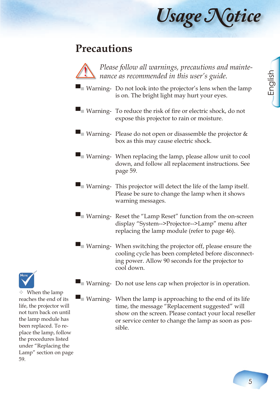 Usage notice, Precautions, English | Optoma Home Theatre Projector User Manual | Page 7 / 68