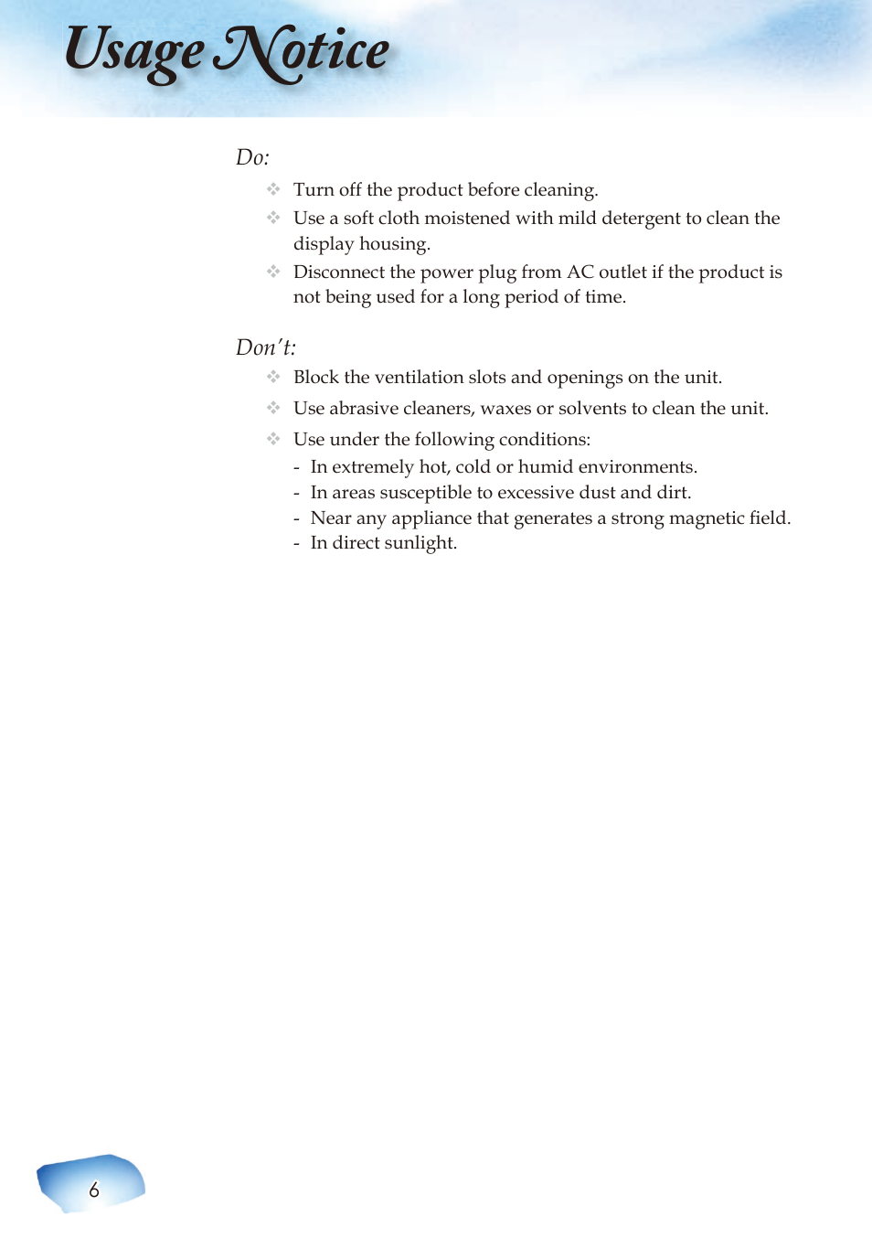 Usage notice | Optoma Home Theatre Projector User Manual | Page 8 / 68